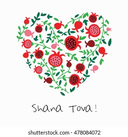 "Shana Tova" (Happy New Year on hebrew). Greeting card  with heart of blossom pomegranate symbol of Holiday Rosh Hashanah