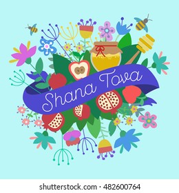 "Shana Tova" (Happy New Year on hebrew). Greeting card for Jewish New Year with flowers and traditional elements of Holiday Rosh Hashanah