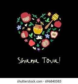 "Shana Tova" (Happy New Year on hebrew). Greeting card for Jewish New Year with flowers and traditional elements of Holiday Rosh Hashanah