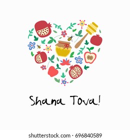 "Shana Tova" (Happy New Year on hebrew). Greeting card for Jewish New Year with flowers and traditional elements of Holiday Rosh Hashanah