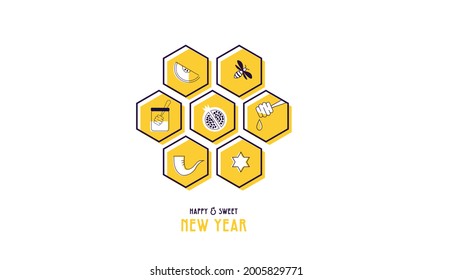SHANA TOVA, happy and sweet new year in Hebrew. Rosh Hashanah greeting card with traditional icons. Happy New Year. Apple, honey, pomegranate, flowers and leaves, Jewish New Year symbols and icons. 