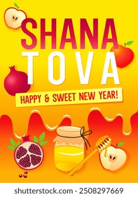 Shana Tova, Frohes und süßes Neues Jahr - Karte mit Honig, Apfel und Granatapfel. Rosh Hashanah Konzept mit Honig Schmelzen, Vektordesign