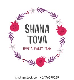 Shana Tova holiday flat vector banner template. Pomegranates, flowers, branches round frame. Rosh Hashanah celebration botanical border with lettering, postcard, poster design element