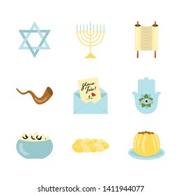 Shana Tova holiday set (Jewish New Year): Star of David, Torah, Hamsa hand, Menorah candelabrum, Shofar, black eyed peas, pound cake, lekach. Vector icons are isolated on white background. EPS10