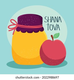 Shana tova illustration with apple and honey jar