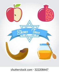 "Shana Tova" - (jewish Happy New Year) card. Set of traditional elements for Rosh Hashanah (Jewish New Year). Honey, pomegranate, apple, David star and shofar icons.