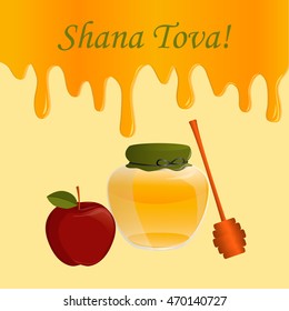 Shana Tova Jewish Happy New Year. illustration of Rosh Hashanah background with honey and apple.