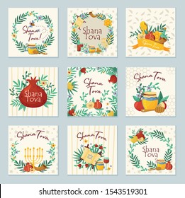 Shana Tova Jewish Holiday Main Symbols Concept Vector Illustrations Set