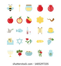 Shana Tova - jewish holiday Rosh Hashana, Happy New Year. Vector icon set of Rosh Hashana symbols. Icons are isolated on white background. Eps10