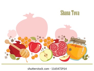 Shana Tova. The Jewish New Year. Honey, apples, pomegranate, spoon, honeycomb. Vector illustration. Suitable for the menu, or flyer, or banner.