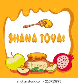 Shana Tova. Jewish New Year. Holiday Postcard with greeting text and Symbols of Rosh Hashanah. Cartoon, vector, line art.