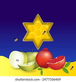 Shana Tova, jüdisches Neujahrsfeier-Plakat-Konzept, Happy New Year, David-Stern, bunte Luxus-Vektorillustration, Grußkarte, Bienen und Honig 