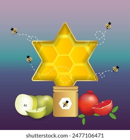 Shana Tova, jüdisches Neujahrsfeier-Plakat-Konzept, Happy New Year, David-Stern, bunte Luxus-Vektorillustration, Grußkarte, Bienen und Honig 