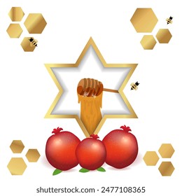 Shana Tova, jüdisches Neujahrsfeier-Poster-Konzept, Happy New Year, David-Stern, bunte Luxus-Vektorillustration, Grußkarte, Bienen und Honig süß und Happy Year