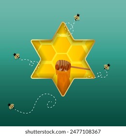 Shana Tova, Jewish new year celebration poster concept, happy new year, David star, colorful luxury vector illustration, greeting card, bees and honey sweet and happy year