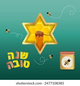 Shana Tova, jüdisches Neujahrsfeier-Poster-Konzept, Happy New Year, David-Stern, bunte Luxus-Vektorillustration, Grußkarte, Bienen und Honig süß und Happy Year