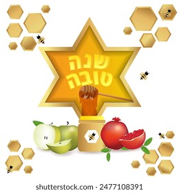 Shana Tova, Jewish new year celebration poster concept, happy new year, David star, colorful luxury vector illustration, greeting card, bees and honey sweet and happy year