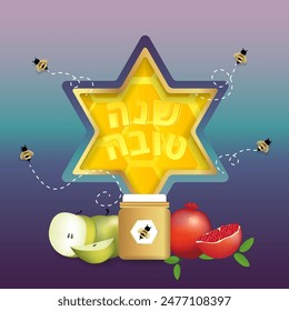 Shana Tova, jüdisches Neujahrsfeier-Poster-Konzept, Happy New Year, David-Stern, bunte Luxus-Vektorillustration, Grußkarte, Bienen und Honig süß und Happy Year