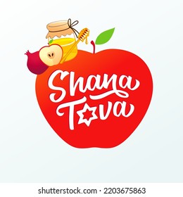 Shana Tova lettering banner with apple, pomegranate and honey. Happy New Year, Jewish holiday Rosh Hashanah. Vector illustration