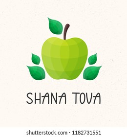 Shana Tova lettering card decorated by multicolor apple and leaf. Greeting card design for Jewish New Year, Rosh Hashanah. Modern Shana Tova concept. Vector illustration with stylized low poly apple