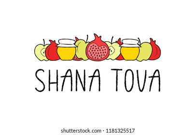 Shana Tova lettering as logotype, badge icon for Jewish New Year. Colorful illustration of hand drawn apples, pomegranates and honey. Template for invitation, poster, banner template. Vector eps 10