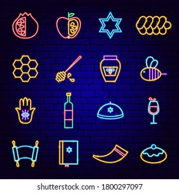 Shana Tova Neon Icons. Vector Illustration of Rosh Hashanah Promotion.