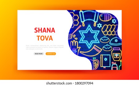 Shana Tova Neon Landing Page. Vector Illustration of Rosh Hashanah Promotion.