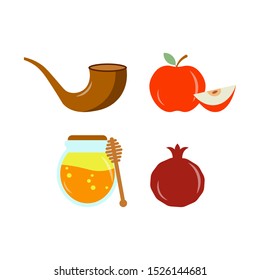 Shana Tova new jewish year holiday greeting message with apple, honey, pomegranate and horn