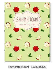 Shana Tova, new year in Hebrew. Rosh Hashanah greeting card with apple pattern. Have a sweet year. Jewish New Year. Vector illustration template