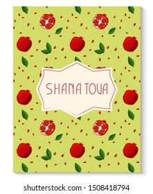 Shana Tova, new year in Israeli. Rosh Hashanah greeting card with pomegranate pattern. Jewish New Year. Vector illustration template