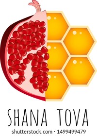 Shana Tova with pomegranate und honey. Jewish New Year. Holiday banner design. Template for postcard or invitation card, poster, print. Vector illustration.