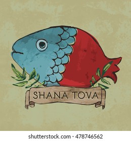 Shana Tova postcard design - Retro style - Half fish half pomegranate with leaves and sign on textured background in vector format