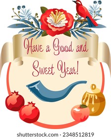 Shana Tova! Rosh Hashana! Happy Jewish New Year - translate from Hebrew. Honey and apple, shofar horn, pomegranates traditional food Holiday decoration ornament elements greeting card background frame