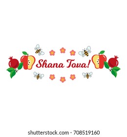 Shana Tova. Rosh hashana jewish new year greeting card. Apple, pomegranate,flowers, bees. Vector illustration.