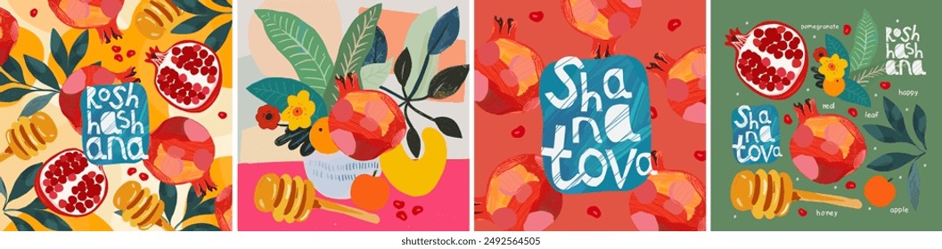 Shana Tova. Rosh Hashanah. Congratulations on the Jewish New Year. Vector cute hand drawn illustrations of pomegranate, honey, pattern, apple, still life, logo for greeting card, flyer or backgrund