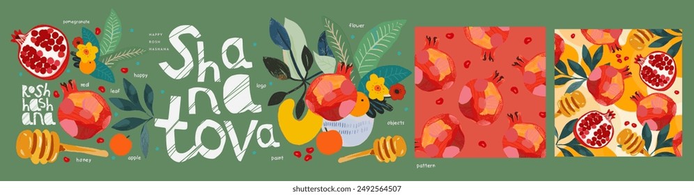 Shana Tova. Rosh Hashanah. Congratulations on the Jewish New Year. Vector cute hand drawn illustrations of pomegranate, honey, pattern, apple, still life, logo for greeting card, poster or banner