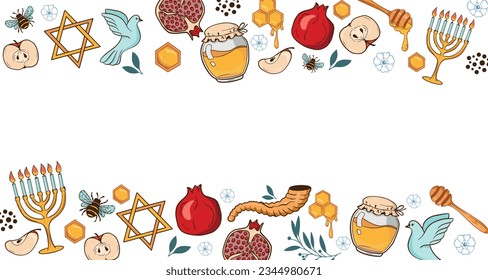 Shana Tova, Rosh Hashanah greeting card template. Jewish Happy New Year symbols on a border frame.  