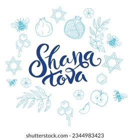 Shana Tova, Rosh Hashanah greeting card template. Jewish Happy New Year symbols Honey, Apple and Pomegranate  on a border frame.  