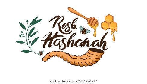 Shana Tova, Rosh Hashanah greeting card template. Jewish Happy New Year symbols Honey, Apple and Pomegranate  on a border frame.  