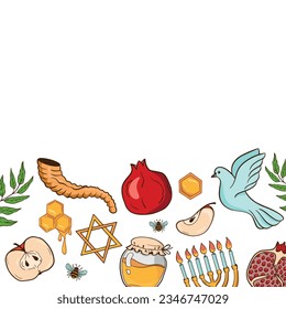 Shana Tova, Rosh Hashanah greeting card template. Jewish Happy New Year symbols on a border frame.  