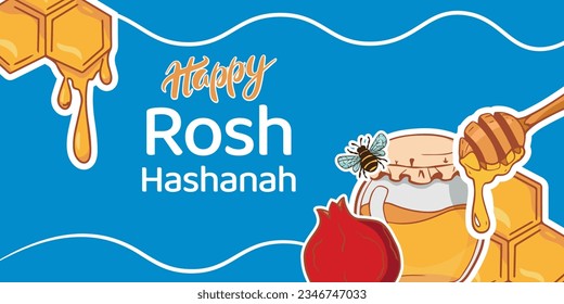 Shana Tova, Rosh Hashanah greeting card template. Jewish Happy New Year symbols on a border frame.  