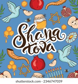 Shana Tova, Rosh Hashanah greeting card template. Jewish Happy New Year symbols on a border frame.  