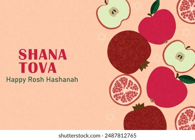 Shana Tova. Tarjeta de felicitación Rosh Hashana con manzanas y granadas. Celebración del Año Nuevo judío. Diseño de la Plantilla en la tarjeta de felicitación moderna del estilo del arte moderno, cubierta, Anuncio del Web de vacaciones, cartel. 