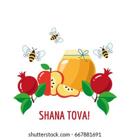 Shana Tova. Rosh Hashanah greeting card. Jewish new year. Honey, pomegranate, apple, bees. Vector illustration.