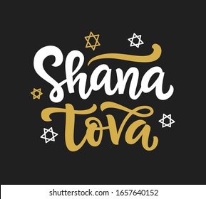 Shana tova. Rosh Hashanah Jewish New Year Greeting Card with hand written lettering, modern calligrahy, isolated on white. Poster, postcard, poster, banner template 