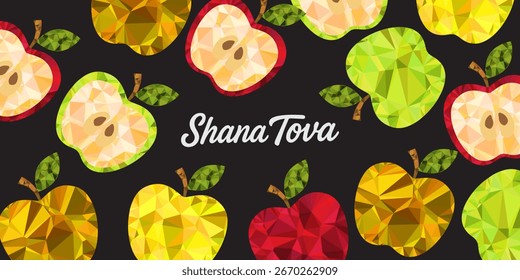 Shana tova, Rosh Hashaná, cartões de saudação judaica de Ano Novo, cartaz com maçã e padrão romã em estilo moderno de desenho de arte na moda, fundo Rosh Hashana para capa, web ou banner de mídia social.
