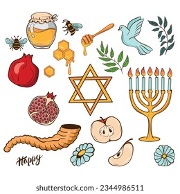 Shana Tova, Rosh Hashanah traditional elements set. Jewish Happy New Year symbols Honey, Apple and Pomegranate.  