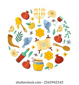 Shana Tova Round Composition Design with Symbols of Jewish Holiday Vector Template