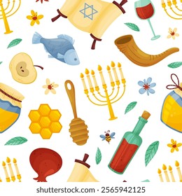 Shana Tova Seamless Pattern Design with Symbols of Jewish Holiday Vector Template