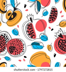 Shana tova seamless pattern. Jewish New Year happy Rosh Hashanah, repeating drawing pomegranate, apples, leaves holidays design for wallpaper, textile and wrapping paper, vector isolated texture